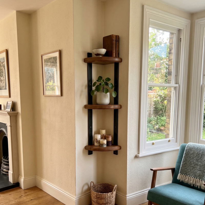 Strapped Round Corner Shelf | Custom Wood & Metal | Oak City Customs