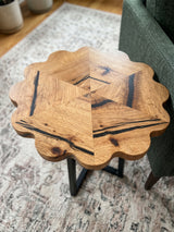 Scalloped Red Oak Side Table – One of One Handcrafted Red Oak & Black Epoxy Table