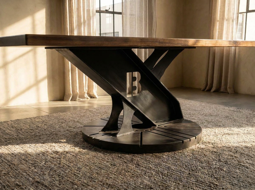Custom Rainbow Poplar Conference table on custom steel machine part base